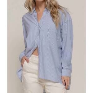NEW ACTIVE BASIC acadia long sleeve button down shirt in blue/off white